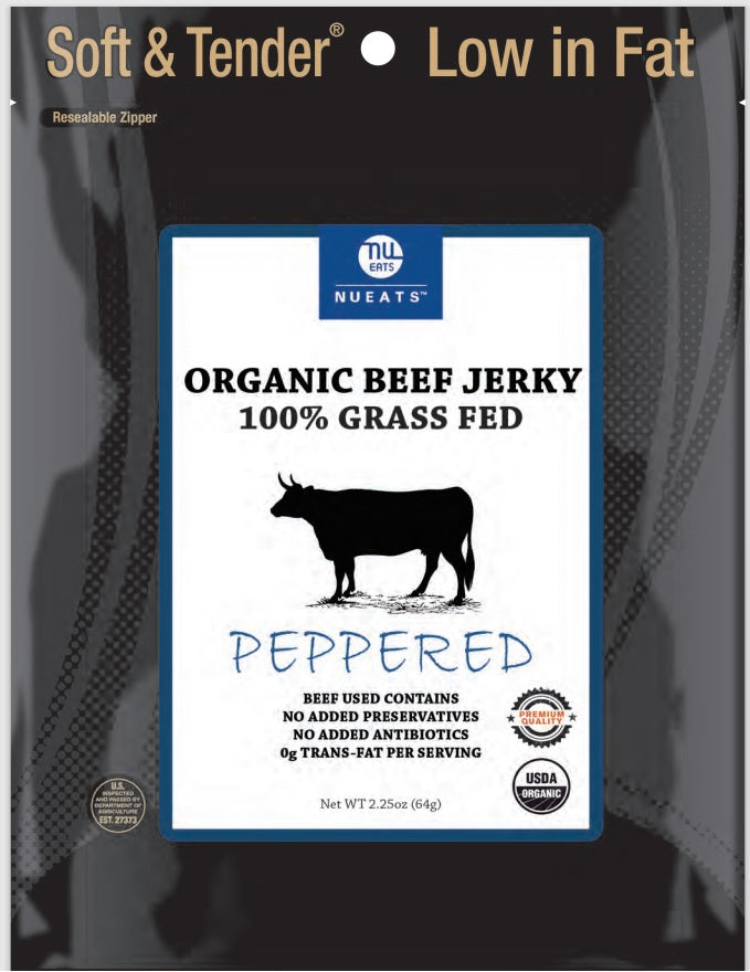Organic Beef Jerky, 100% Grass-Fed, Peppered Flavor, 2.25 Ounce, 4 packs