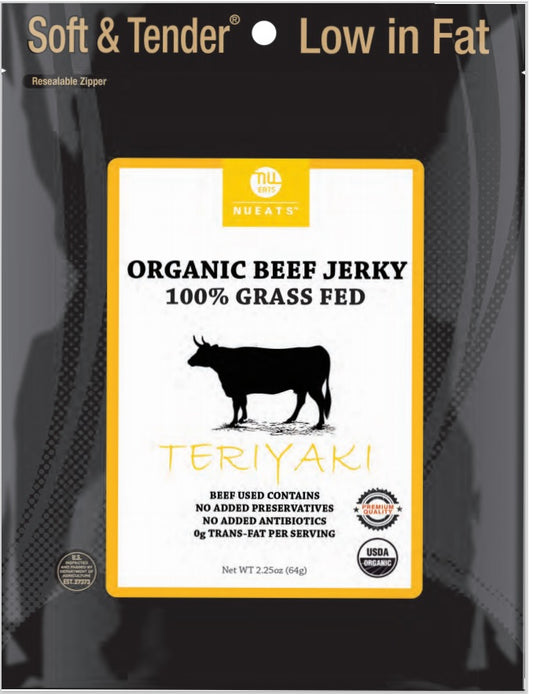 Organic Beef Jerky, 100% Grass-Fed, Teriyaki, 2.25 Ounce, 4 Packs