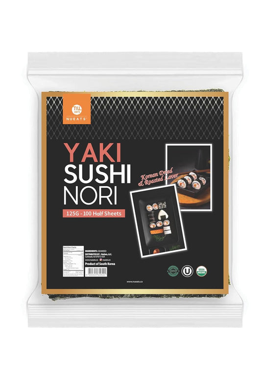 Organic Yaki sushi nori (100 Half sheets), 125g, Vegan Roasted seaweed, Product of S. Korea /NuEats