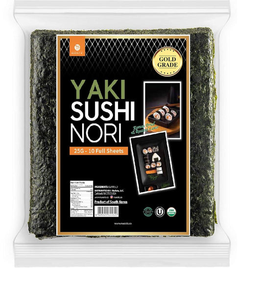 Organic Yaki sushi nori (10 full sheets), 25g, Vegan Roasted seaweed, Product of S. Korea /NuEats